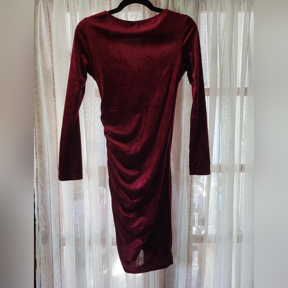 Womens Wrap V Neck Long Sleeve Velvet Ruched Cocktail Dress - Picture 3 of 4